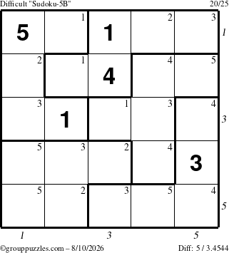 The grouppuzzles.com Difficult Sudoku-5B puzzle for Monday August 10, 2026, suitable for printing, with all 5 steps marked