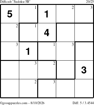 The grouppuzzles.com Difficult Sudoku-5B puzzle for Monday August 10, 2026 with the first 3 steps marked
