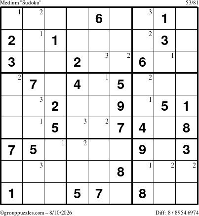 The grouppuzzles.com Medium Sudoku puzzle for Monday August 10, 2026 with the first 3 steps marked