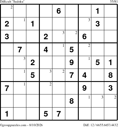 The grouppuzzles.com Difficult Sudoku puzzle for Monday August 10, 2026 with the first 3 steps marked