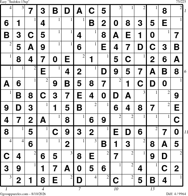 The grouppuzzles.com Easy Sudoku-15up puzzle for Monday August 10, 2026 with all 4 steps marked