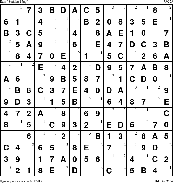The grouppuzzles.com Easy Sudoku-15up puzzle for Monday August 10, 2026 with the first 3 steps marked