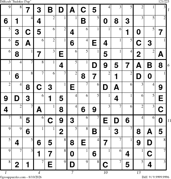 The grouppuzzles.com Difficult Sudoku-15up puzzle for Monday August 10, 2026, suitable for printing, with all 9 steps marked
