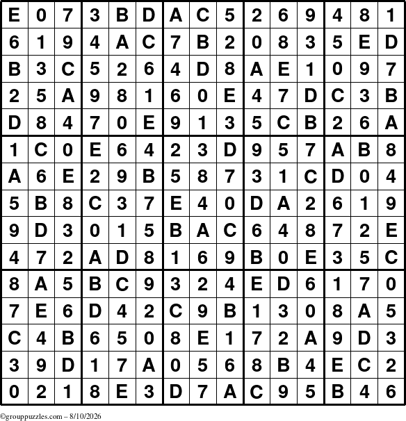 The grouppuzzles.com Answer grid for the Sudoku-15up puzzle for Monday August 10, 2026
