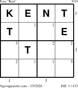 The grouppuzzles.com Easy Kent puzzle for Thursday March 5, 2026, suitable for printing, with all 3 steps marked