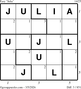The grouppuzzles.com Easy Julia puzzle for Thursday March 5, 2026, suitable for printing, with all 3 steps marked