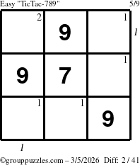 The grouppuzzles.com Easy TicTac-789 puzzle for Thursday March 5, 2026, suitable for printing, with all 2 steps marked