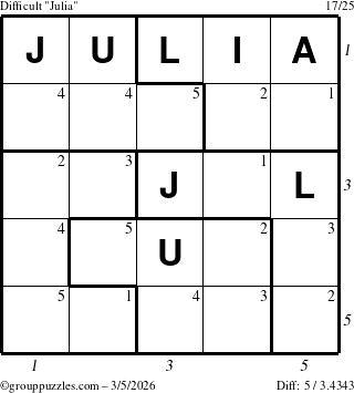 The grouppuzzles.com Difficult Julia puzzle for Thursday March 5, 2026 with all 5 steps marked