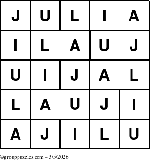 The grouppuzzles.com Answer grid for the Julia puzzle for Thursday March 5, 2026