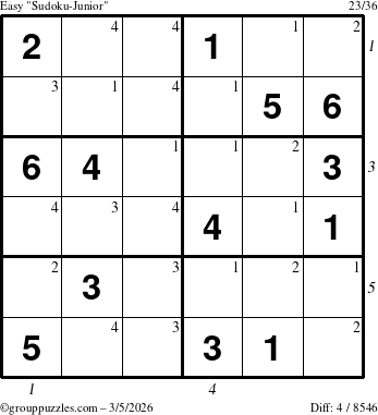 The grouppuzzles.com Easy Sudoku-Junior puzzle for Thursday March 5, 2026, suitable for printing, with all 4 steps marked