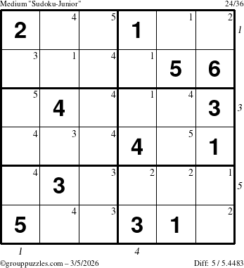 The grouppuzzles.com Medium Sudoku-Junior puzzle for Thursday March 5, 2026, suitable for printing, with all 5 steps marked