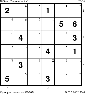 The grouppuzzles.com Difficult Sudoku-Junior puzzle for Thursday March 5, 2026 with all 7 steps marked