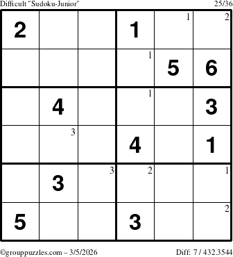 The grouppuzzles.com Difficult Sudoku-Junior puzzle for Thursday March 5, 2026 with the first 3 steps marked