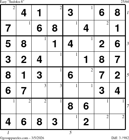 The grouppuzzles.com Easy Sudoku-8 puzzle for Thursday March 5, 2026 with all 3 steps marked