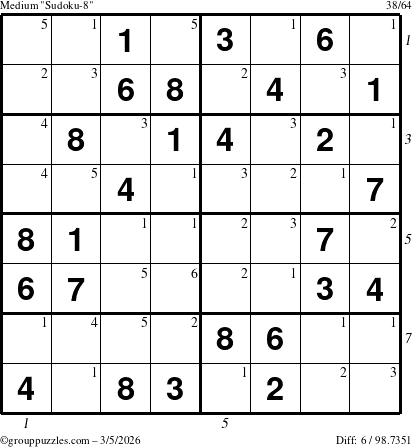 The grouppuzzles.com Medium Sudoku-8 puzzle for Thursday March 5, 2026 with all 6 steps marked
