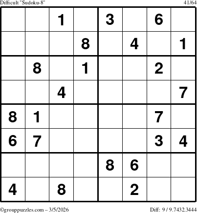 The grouppuzzles.com Difficult Sudoku-8 puzzle for Thursday March 5, 2026