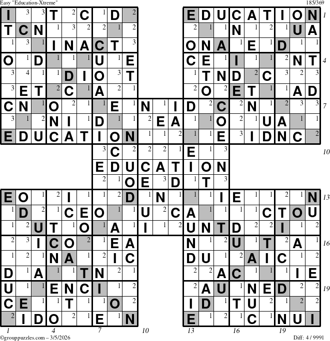 The grouppuzzles.com Easy Education-Xtreme puzzle for Thursday March 5, 2026 with all 4 steps marked