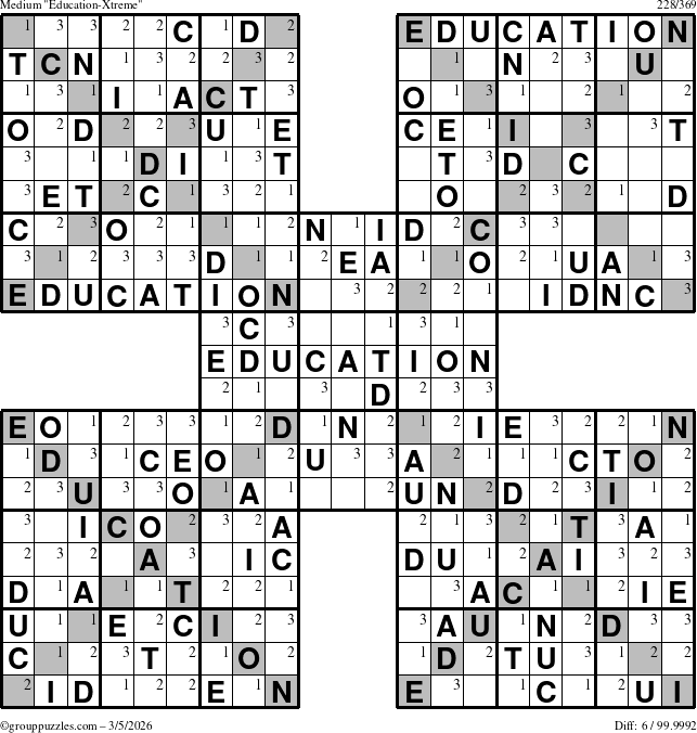 The grouppuzzles.com Medium Education-Xtreme puzzle for Thursday March 5, 2026 with the first 3 steps marked