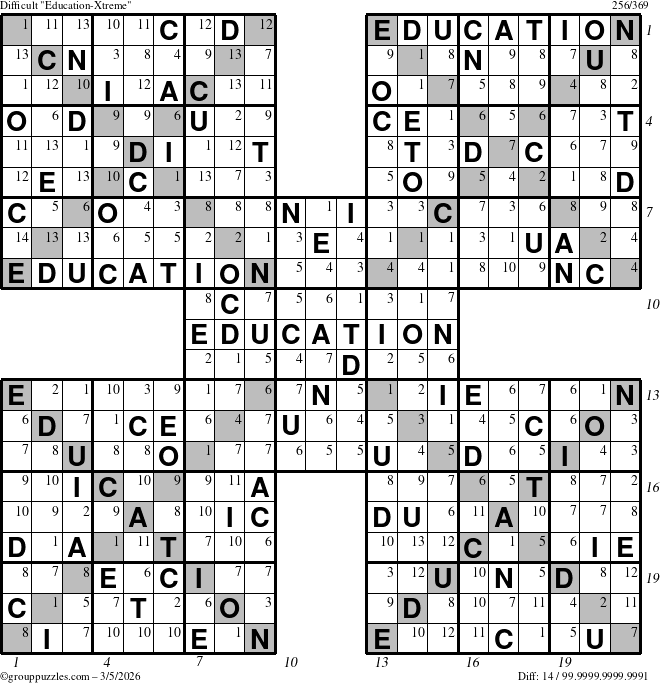 The grouppuzzles.com Difficult Education-Xtreme puzzle for Thursday March 5, 2026, suitable for printing, with all 14 steps marked