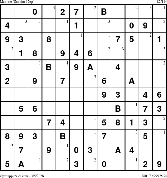 The grouppuzzles.com Medium Sudoku-12up puzzle for Thursday March 5, 2026 with the first 3 steps marked