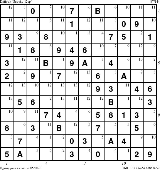 The grouppuzzles.com Difficult Sudoku-12up puzzle for Thursday March 5, 2026 with all 13 steps marked