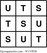 The grouppuzzles.com Answer grid for the TicTac-STU puzzle for Thursday August 13, 2026