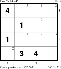 The grouppuzzles.com Easy Sudoku-4 puzzle for Thursday August 13, 2026 with all 3 steps marked