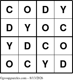 The grouppuzzles.com Answer grid for the Cody puzzle for Thursday August 13, 2026