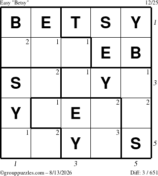 The grouppuzzles.com Easy Betsy puzzle for Thursday August 13, 2026 with all 3 steps marked