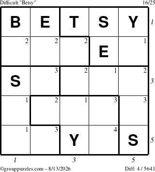 The grouppuzzles.com Difficult Betsy puzzle for Thursday August 13, 2026, suitable for printing, with all 4 steps marked