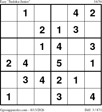 The grouppuzzles.com Easy Sudoku-Junior puzzle for Thursday August 13, 2026