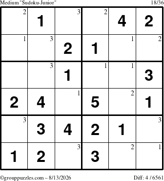 The grouppuzzles.com Medium Sudoku-Junior puzzle for Thursday August 13, 2026 with the first 3 steps marked