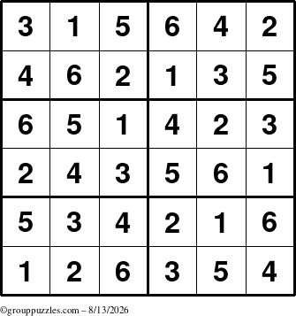 The grouppuzzles.com Answer grid for the Sudoku-Junior puzzle for Thursday August 13, 2026
