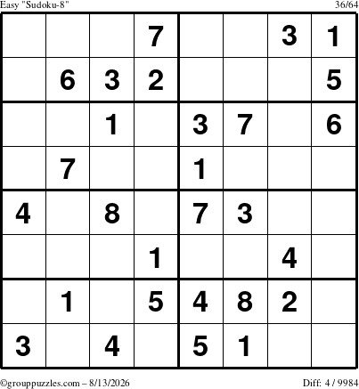 The grouppuzzles.com Easy Sudoku-8 puzzle for Thursday August 13, 2026
