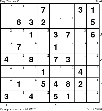 The grouppuzzles.com Easy Sudoku-8 puzzle for Thursday August 13, 2026, suitable for printing, with all 4 steps marked