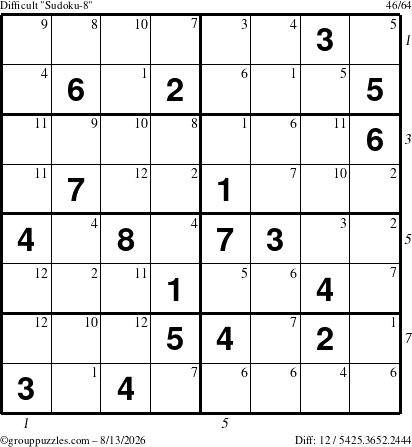 The grouppuzzles.com Difficult Sudoku-8 puzzle for Thursday August 13, 2026, suitable for printing, with all 12 steps marked