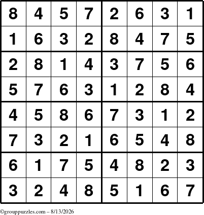 The grouppuzzles.com Answer grid for the Sudoku-8 puzzle for Thursday August 13, 2026