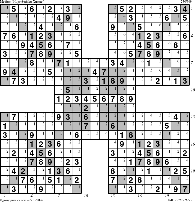 The grouppuzzles.com Medium cover-HyperXtreme puzzle for Thursday August 13, 2026, suitable for printing, with all 7 steps marked