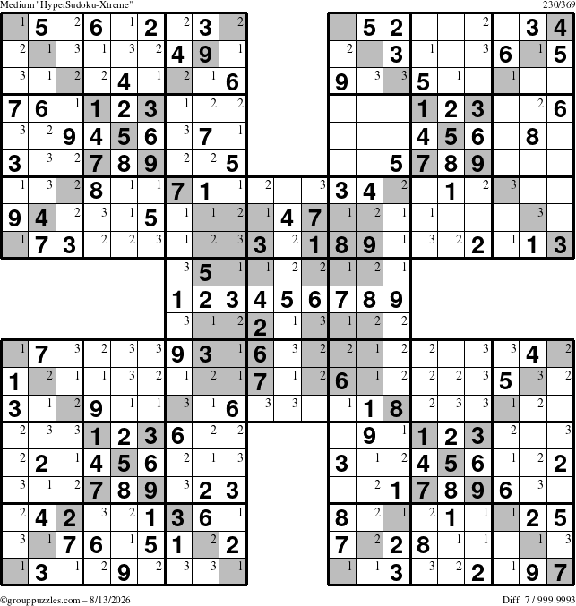 The grouppuzzles.com Medium cover-HyperXtreme puzzle for Thursday August 13, 2026 with the first 3 steps marked