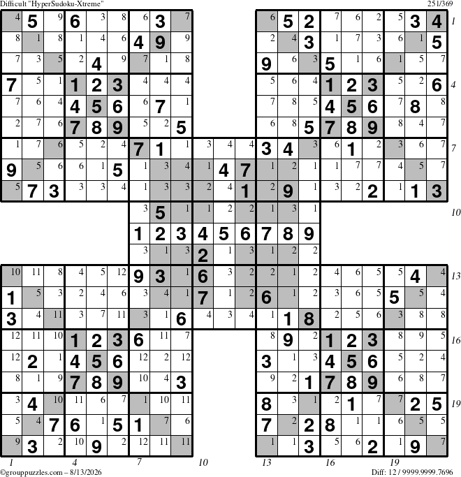 The grouppuzzles.com Difficult cover-HyperXtreme puzzle for Thursday August 13, 2026, suitable for printing, with all 12 steps marked