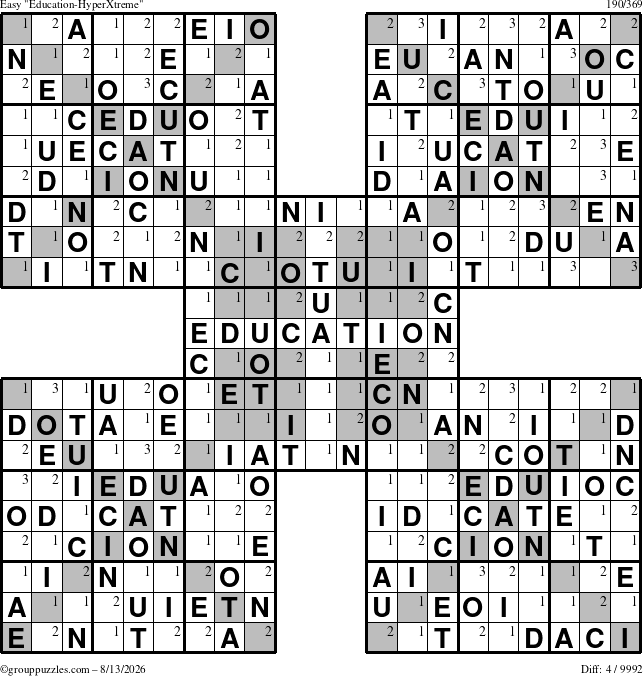 The grouppuzzles.com Easy Education-HyperXtreme puzzle for Thursday August 13, 2026 with the first 3 steps marked