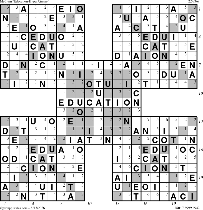 The grouppuzzles.com Medium Education-HyperXtreme puzzle for Thursday August 13, 2026, suitable for printing, with all 7 steps marked