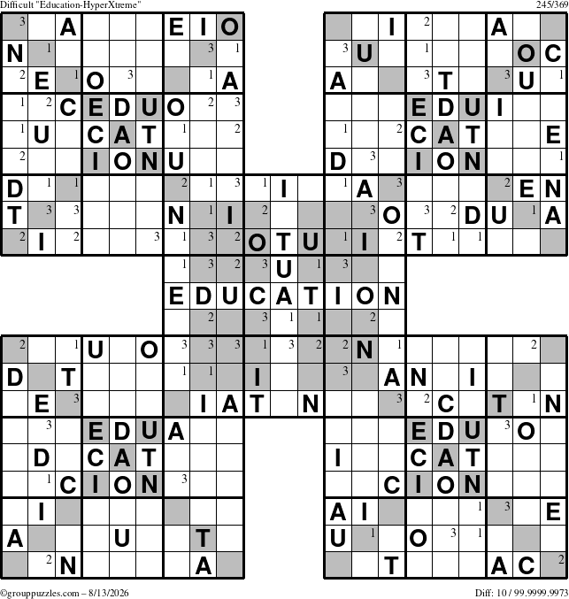 The grouppuzzles.com Difficult Education-HyperXtreme puzzle for Thursday August 13, 2026 with the first 3 steps marked