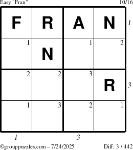 The grouppuzzles.com Easy Fran puzzle for Thursday July 24, 2025, suitable for printing, with all 3 steps marked