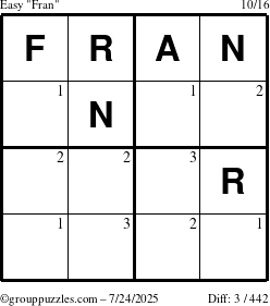 The grouppuzzles.com Easy Fran puzzle for Thursday July 24, 2025 with the first 3 steps marked