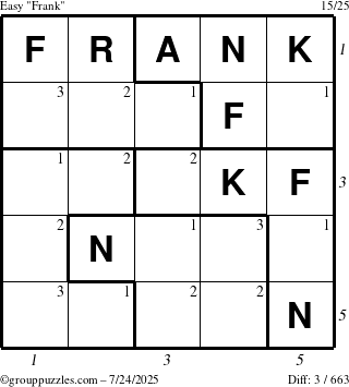 The grouppuzzles.com Easy Frank puzzle for Thursday July 24, 2025, suitable for printing, with all 3 steps marked