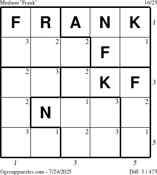 The grouppuzzles.com Medium Frank puzzle for Thursday July 24, 2025, suitable for printing, with all 3 steps marked