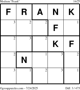 The grouppuzzles.com Medium Frank puzzle for Thursday July 24, 2025 with the first 3 steps marked