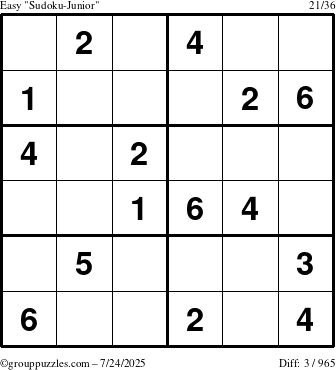 The grouppuzzles.com Easy Sudoku-Junior puzzle for Thursday July 24, 2025