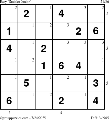 The grouppuzzles.com Easy Sudoku-Junior puzzle for Thursday July 24, 2025, suitable for printing, with all 3 steps marked